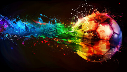 Poster - A colorful soccer ball exploding in a vibrant rainbow splash