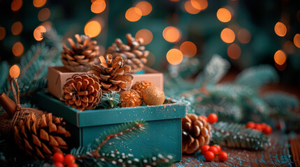 Wall Mural - Christmas and new year background, gift boxes and pine cones