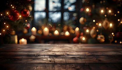 Canvas Print - Empty wooden table with christmas theme in background