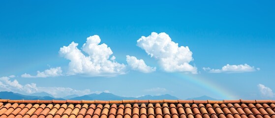 rooftop view with blue sky, fluffy clouds, and a rainbow over distant mountains in the background.