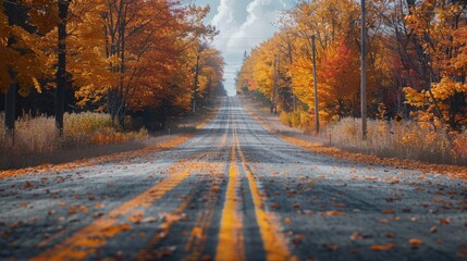 Sticker - A serene autumn scene featuring a tree-lined road