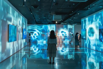 a woman admiring art at a modern exhibition