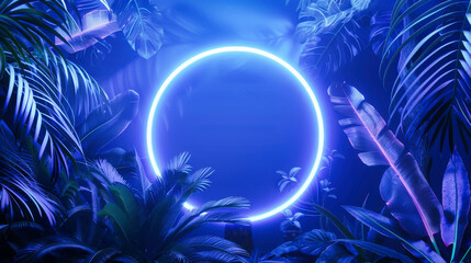 Wall Mural - Neon circle light surrounded by tropical leaves