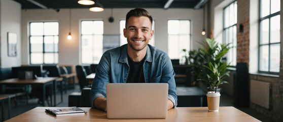 A young man smiles happily while working at his laptop on an office table. Casual wear, coffee, and a comfortable environment create a positive and relaxed atmosphere.