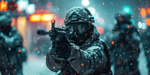 special forces soldier polices group with high technology gun and weapon working in night city, Generative AI