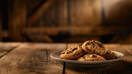 Wall Mural - Freshly Baked Chocolate Chip Cookies on a Rustic Wooden Table