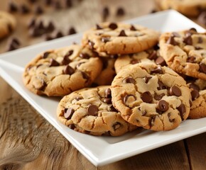 Wall Mural - Freshly Baked Chocolate Chip Cookies on White Plate at Kitchen Table