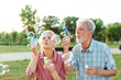 © Lumos sp - woman man senior couple  together elderly active happy retirement bubble soap blowing fun blow vitality bonding park outdoor leisure park fun