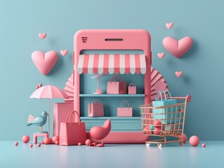 Shopping app interface flat design front view theme 3D render Complementary Color Scheme