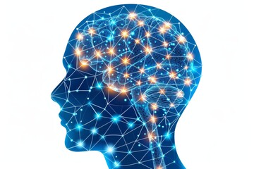 Poster - Digital profile with blue illuminated neural networks symbolizing artificial intelligence and connectivity