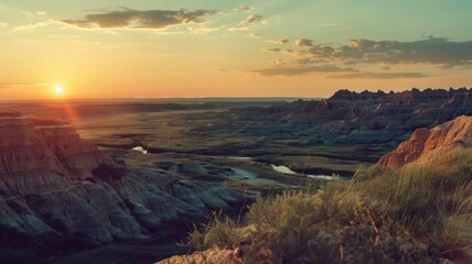 Canvas Print - Sunset landscape in a mountain valley with peaks and valleys