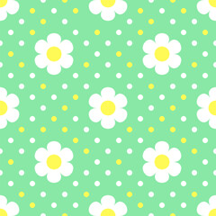 Wall Mural - White flowers on green polka dot background. Vector seamless pattern. Best for textile, wallpapers, wrapping paper, package and your design.