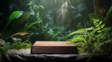Wood Display podium isolated on jungle background with forest plant, Presentation stone table, using natural light.