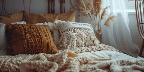 Sticker - A cozy bedroom interior featuring a bed with multiple pillows