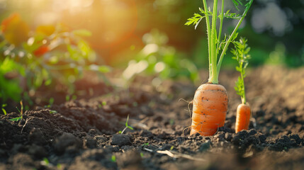 Carrots in garden soil, ready to harvest. Growing vegetables organically outdoors provides healthy and nutritious produce.
