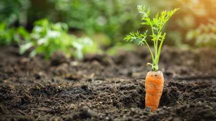 Carrots in garden soil, ready to harvest. Growing vegetables organically outdoors provides healthy and nutritious produce.
