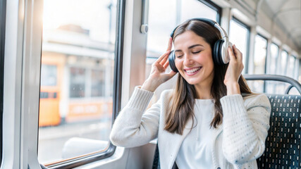 beautiful young woman in headphones listening to music and smiling in train