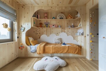 Sticker - Cozy Wooden Children's Bedroom with Cloud-Shaped Bed