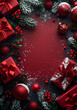 © Fred - Bannière rouge et background de Noël pour maquettistes et webmasters. Merry Christmas and Happy Holidays. Cadeaux emballés avec rubans rouges, branches de sapin, boules de Noël rouges, pommes de pin e