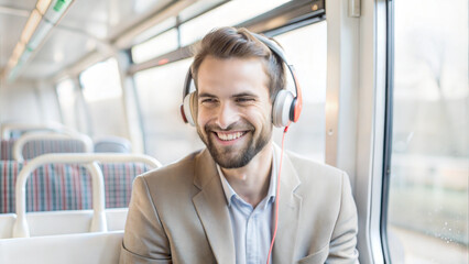 Wall Mural - Smiling businessman listening to music with headphones in a train carriage.