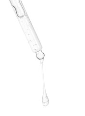 Poster - Dripping cosmetic serum from pipette on white background