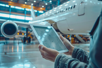 Tablet with a drawing in electronic form on a tablet in a worker's hands, development, production, assembly of air transport for a passenger aircraft