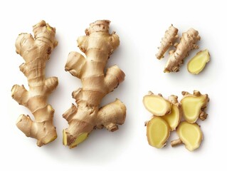 Freshly cut ginger root and slices displayed on a clean white background, showcasing their texture and color