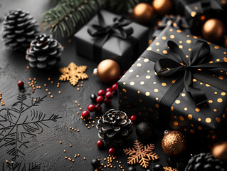 Bannière noir et background de Noël pour maquettistes et webmasters. Merry Christmas and Happy Holidays. Cadeaux emballés avec rubans rouges, branches de sapin, boules de Noël rouges, pommes de pin e