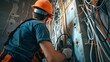 © Анатолий Сав - A professional electrician wearing safety gear works on electrical wiring inside a wall, highlighting the technical and safety aspects of electrical work. Generative AI