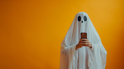 Ghost costumed person with white sheet holding smartphone on orange background. Halloween vacation concept, online sales, web, advertising and sales. Copy space.