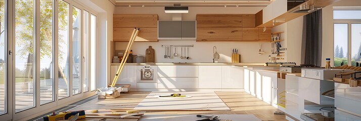 Aufkleber - A modern kitchen undergoing a transformation with new cabinets being installed and countertops in progress. The space features sleek, contemporary design elements. Generative AI