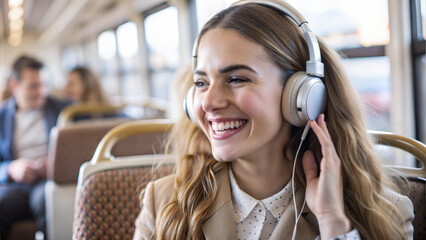 Wall Mural - Portrait of smiling young woman in headphones listening to music in public transport