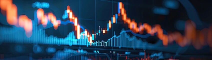 Closeup financial chart with uptrend line candlestick graph in stock market on blue color monitor background