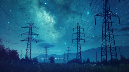 Nighttime image of a starry sky with many power lines visible