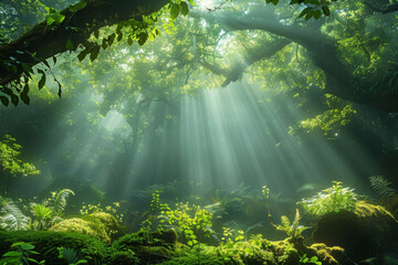a serene forest scene with sunlight beams piercing through the dense canopy illuminating the lush gr