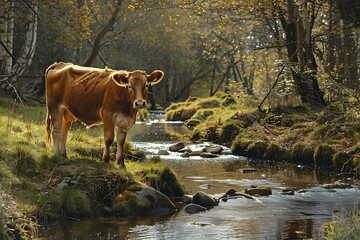 Wall Mural - cow on the water