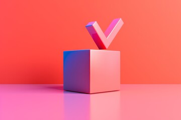 Poster - pink and blue box with v on it, 3D icon of checkmark represents completion