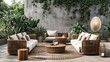 © VIK - White cushions and wooden frames adorn this modern outdoor patio furniture set