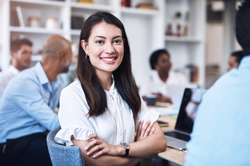 Canvas Print - Business woman, confidence and meeting portrait for growth report, laptop and teamwork in office. Employee lady, arms crossed and project collaboration with computer, strategy discussion and planning