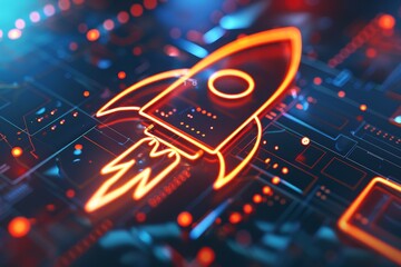 Fototapete - rocket ship is shown on circuit board, 3D icon of rocket symbolizes progress