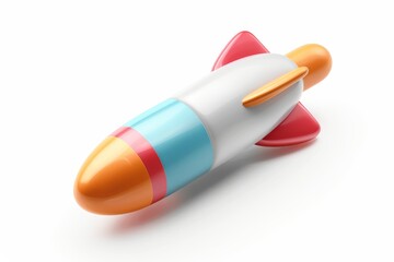 Poster - toy rocket is shown on white surface, 3D icon of rocket symbolizes progress