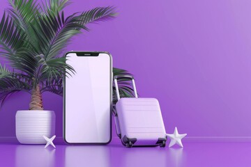 Wall Mural - A purple suitcase placed near a phone and a palm tree in a tropical setting