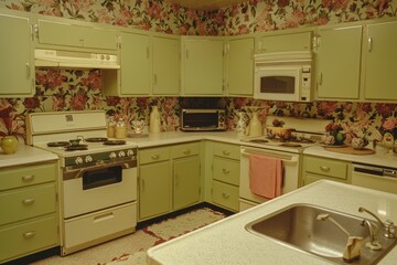 kitchen with stove, oven, sink and microwave, 1970s kitchen with avocado green appliances and floral wallpaper