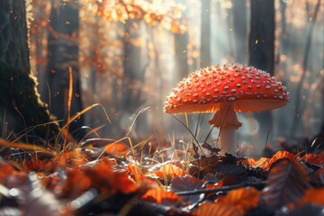 Sticker - A bright red mushroom sits atop a pile of autumn leaves