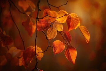 Wall Mural - Close-up shot of a tree branch featuring vibrant orange leaves