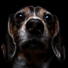 A beagle puppy sitting against a black background, showcasing its adorable features and curious expression, perfect for dog lovers and pet enthusiasts.