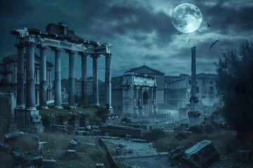 Wall Mural - A cemetery scene at night with a full moon in the background