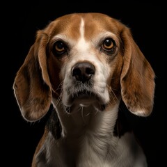 A beagle puppy sitting against a black background, showcasing its adorable features and curious expression, perfect for dog lovers and pet enthusiasts.