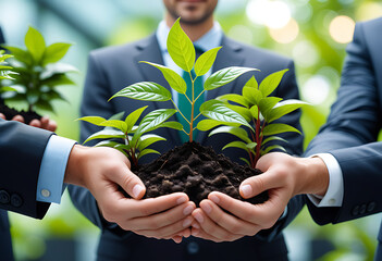 business hands holding green plants symbolizing business collaboration high resolution high details vibrant