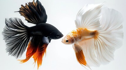 capture two fish swimming in a yin yang formation, set against a white background to symbolize fluid